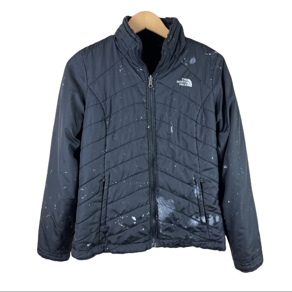 The North Face Black Puffer Jacket Women’s S Reversible Paint Splatter Workwear